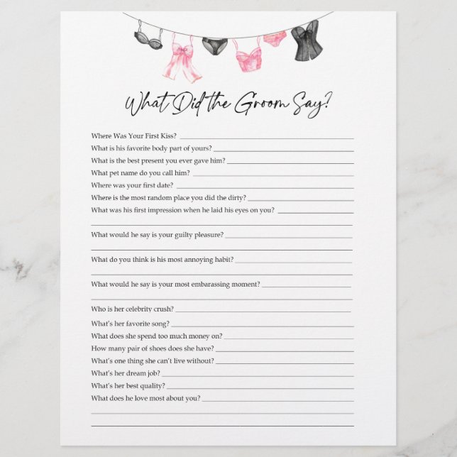 What Groom Say Lingerie Party Game (Front)