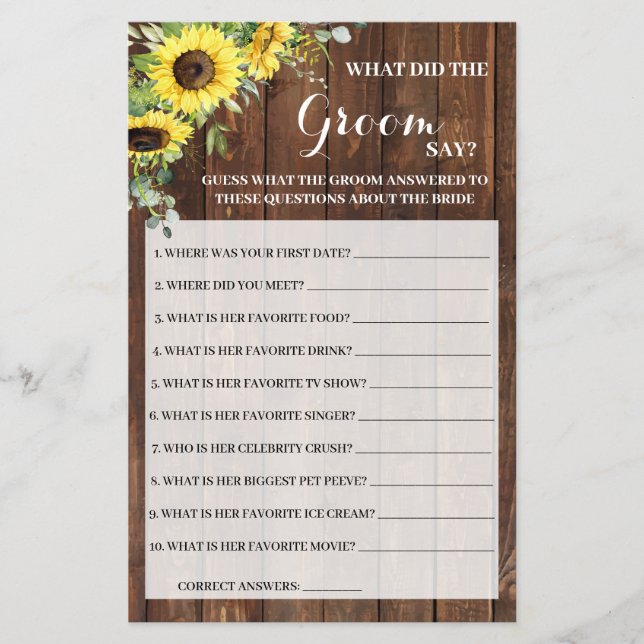 What Groom Say Sunflowers Bridal Shower Game Card (Front)