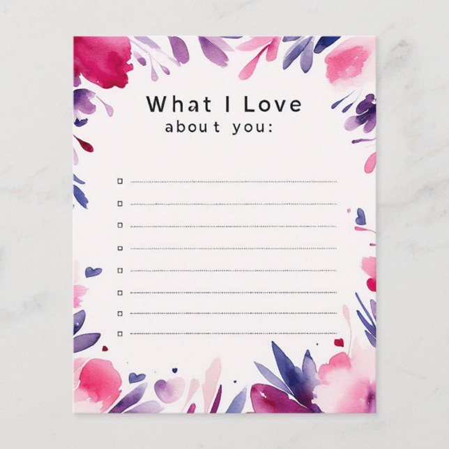 What I love about you note, love note, card insert (Front)
