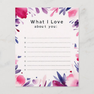 What I love about you note, love note, card insert