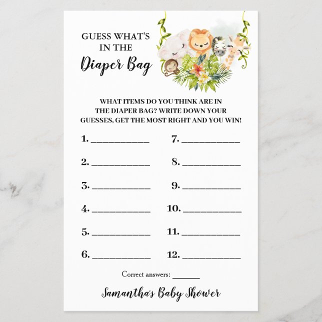 What is in the Diaper Bag Jungle Shower Game card (Front)