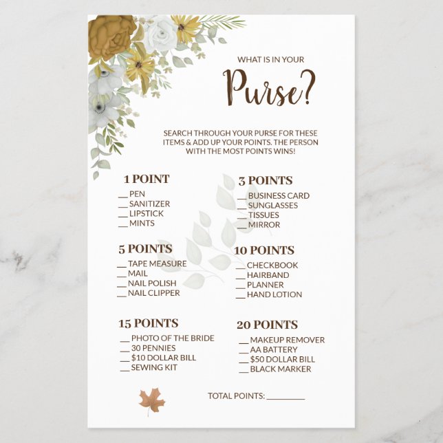 What is in your Purse Boho Autumn Shower Game Card (Front)