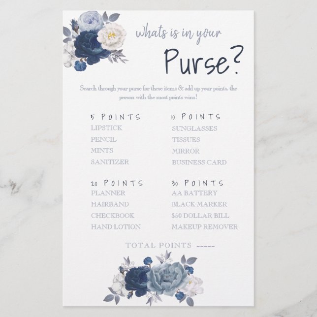 What is in your Purse? Game Card Flyer (Front)