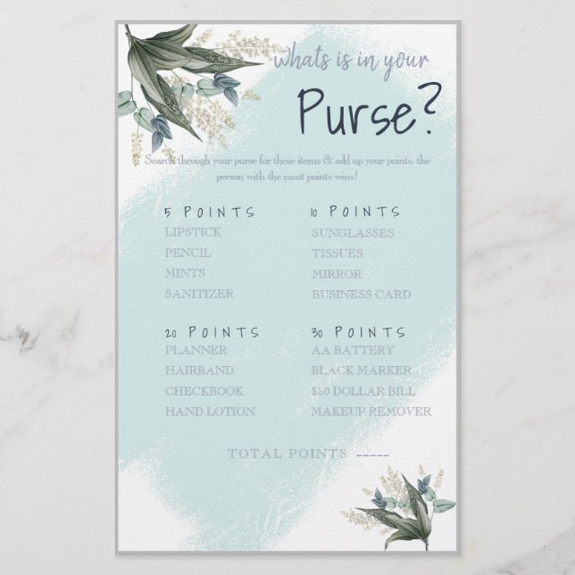What is in your Purse? Game Card Flyer (Front)