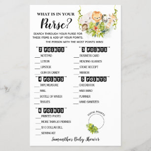 What is in your Purse Jungle Baby Shower Game Card