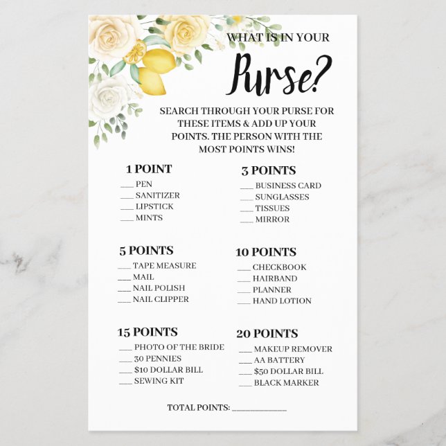 What is in your Purse Lemon&Roses Shower Game Card (Front)