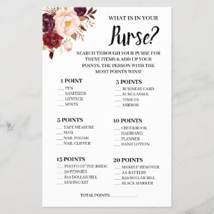 What is in your Purse Marsala Shower Game Card