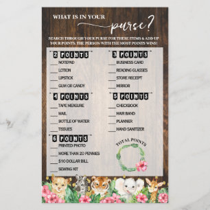 What is in your Purse Pink Safari Baby Shower Game Flyer