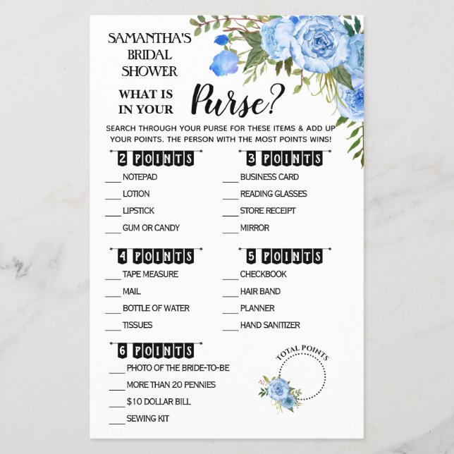 What is in Your Purse Shower Bilingual Game Card (Front)