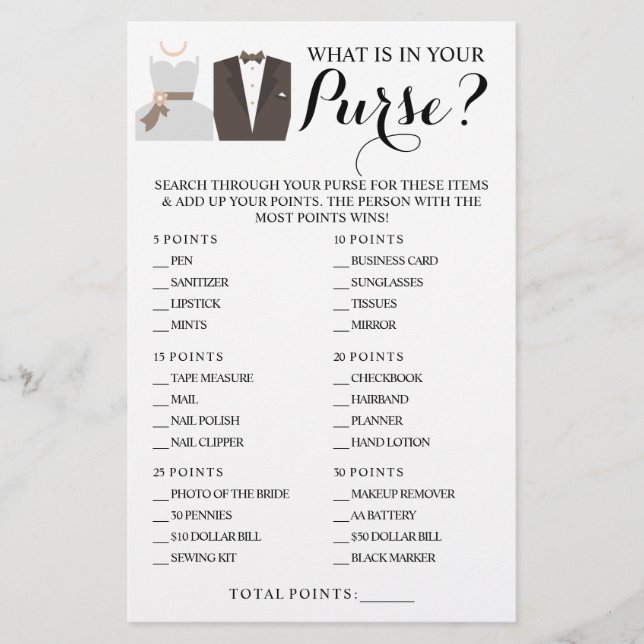 What is in your Purse Shower Game Card (Front)