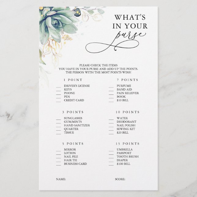 What Is In Your Purse Succulent Bridal Shower Game (Front)