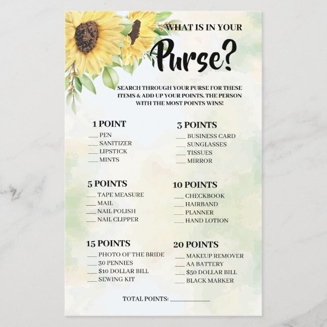 What is in your Purse Sunflowers Shower Game Card (Front)