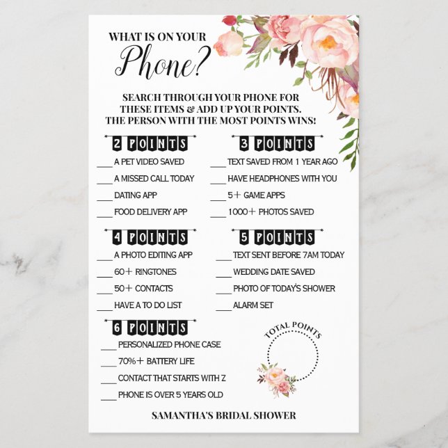 What is on your Phone Bridal Shower Pink Game Card (Front)
