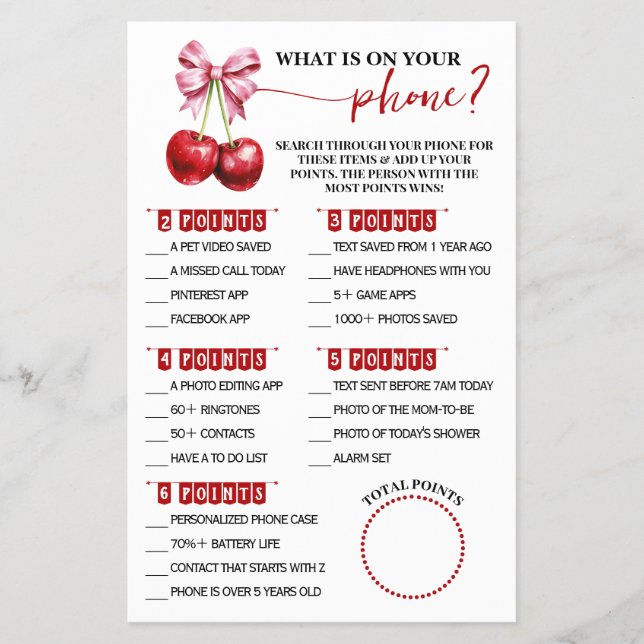 What is on your Phone Cherry Baby Shower Game Card (Front)