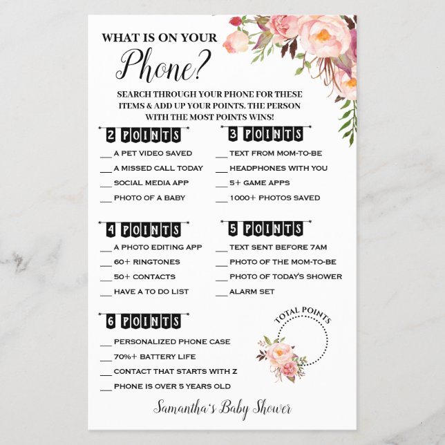 What is on your Phone Pink Baby Shower Game Card (Front)
