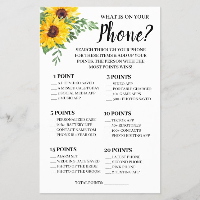 What is on your Phone Sunflowers Shower Game Card  (Front)
