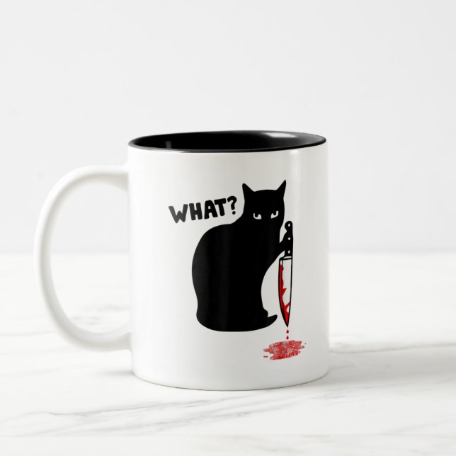 What Murderous Cat Holding Knife Funny Halloween C Two-Tone Coffee Mug (Left)