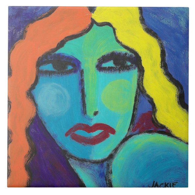 What Now?  Colourful Abstract Portrait of a Woman Tile (Front)