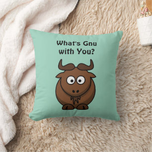What’s Gnu, Funny Buffalo Cartoon Animal Pun Cushion