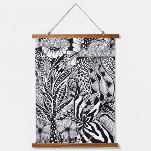 What’s Next? – Black and White Surreal Hand-Drawn Hanging Tapestry
