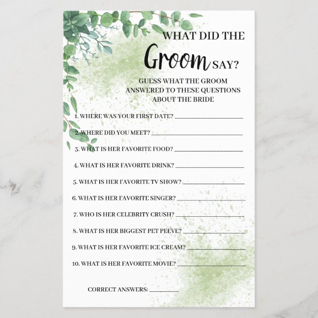 What the Groom Say Eucalyptus Greenery Game Card  (Front)