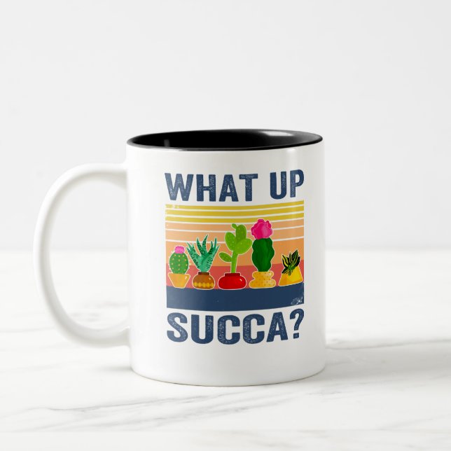 What Up Succa? Funny Succulent Cactus Two-Tone Coffee Mug (Left)
