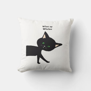 What Up Witches! Funny Black Cat with Green Eyes Cushion