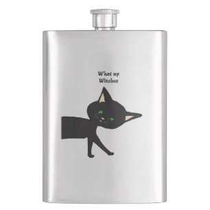 What Up Witches!  Funny Black Cat with Green Eyes Hip Flask