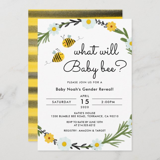 What Will Baby Bee Gender Reveal Baby Shower Invitation (Front/Back)