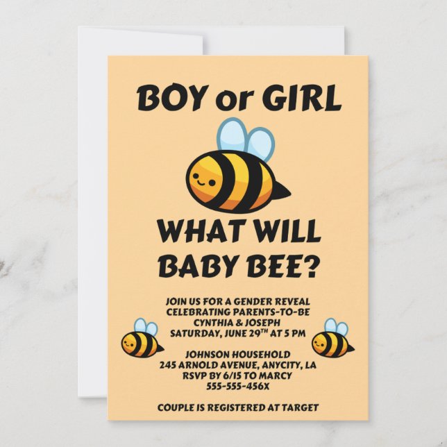 What Will Baby Bee Gender Reveal Invitation (Front)