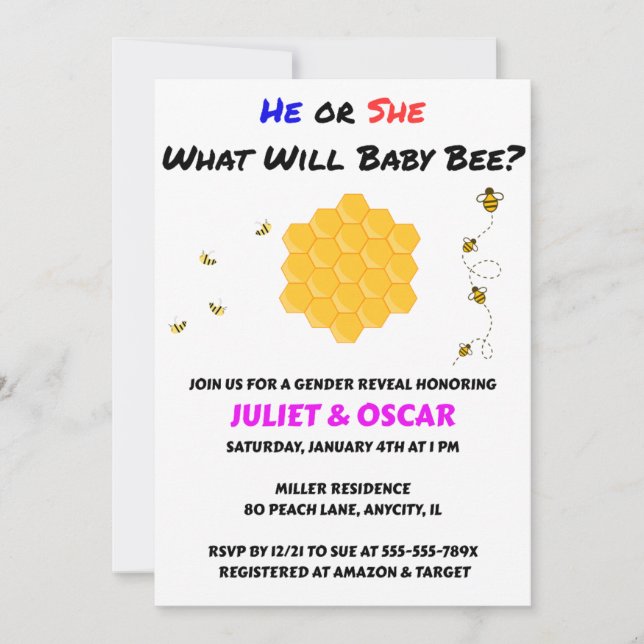 What Will Baby Bee Gender Reveal Invitation (Front)