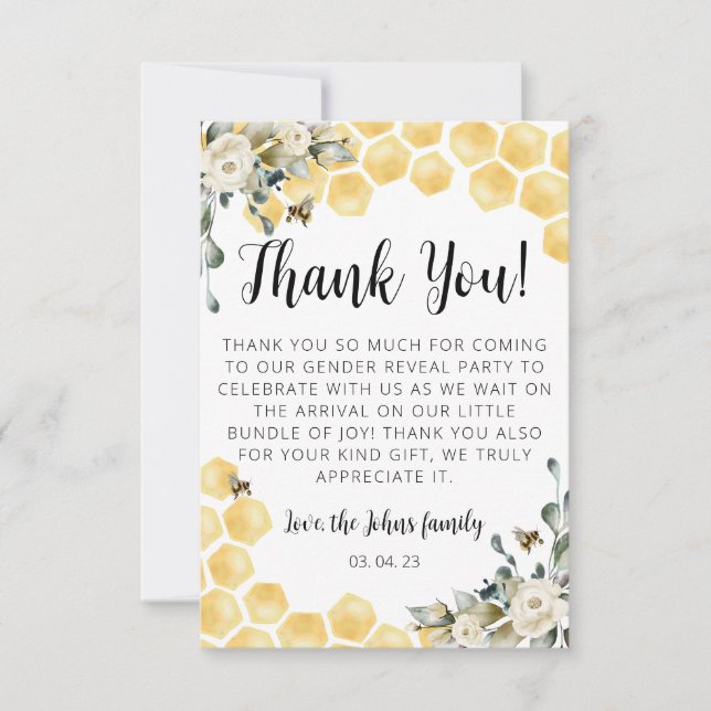 What will baby bee gender reveal Thank you Card. I Invitation (Front)
