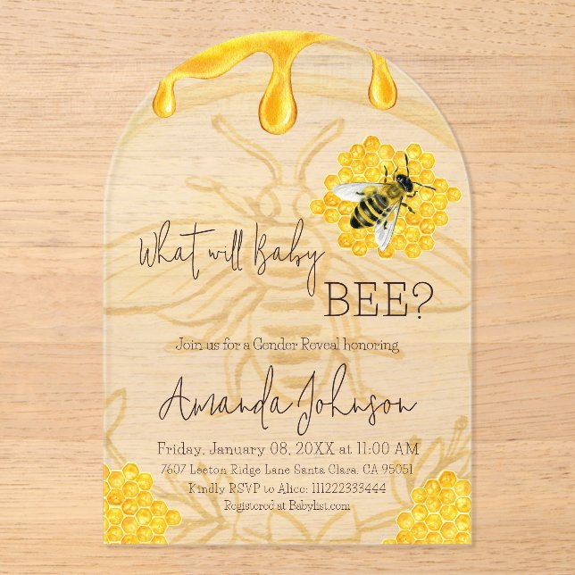 What Will Baby Bee Rustic Honeycomb Gender Reveal Acrylic Invitations (Front)