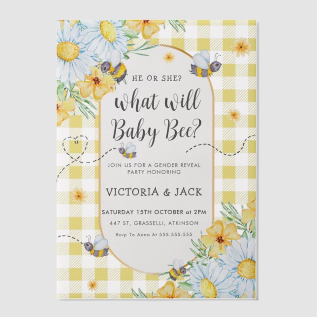 What Will Baby Bee Yellow Gingham Gender Reveal Vellum Invitations (Front)