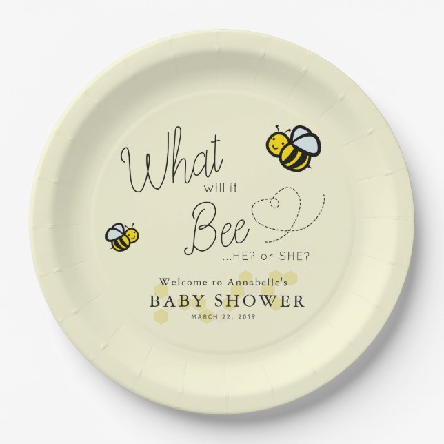 What will it Bee Gender Reveal Yellow Baby Shower Paper Plate (Front)