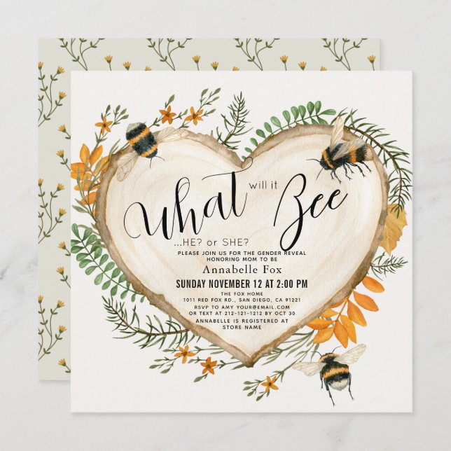 What will it Bee Wood Slice Heart Gender Reveal Invitation (Front/Back)