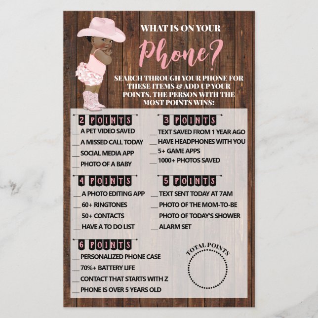 What your Phone AA Cowgirl Baby Shower Game Card (Front)