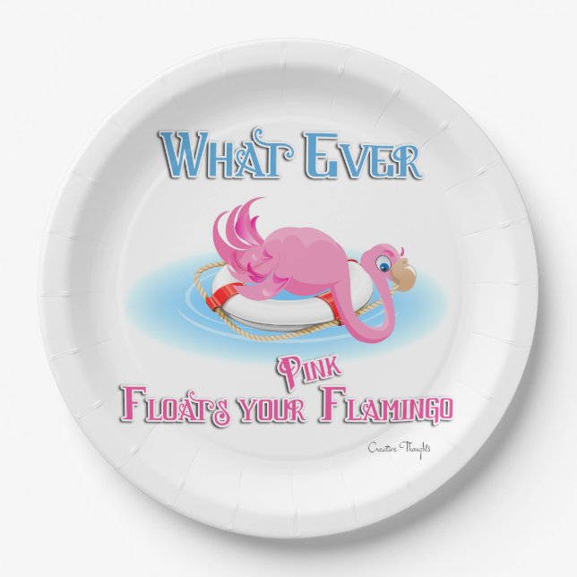Whatever Floats Your Pink Flamingo Paper Plate (Front)
