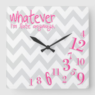 whatever - hot pink on grey and white chevron square wall clock