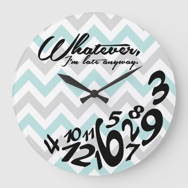 whatever, I'm late anyway - teal blue and grey Large Clock (Front)