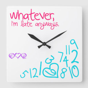 whatever, i'm late anyways - pink, purple and aqua square wall clock