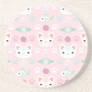 What's Cool, Kitty Cat in Pink and Mint Coaster