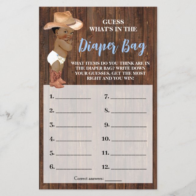 What's In Diaper Bag AA Cowboy Shower Game Card (Front)