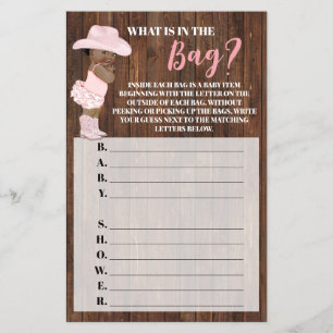 What's in the Bag AA Cowgirl Baby Shower Game card