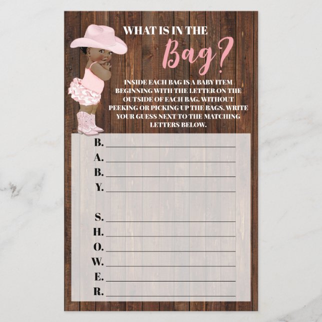 What's in the Bag AA Cowgirl Baby Shower Game card (Front)