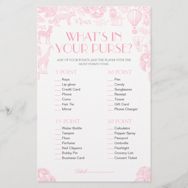 Whats In Your Purse Baby Shower Game Card (Front)