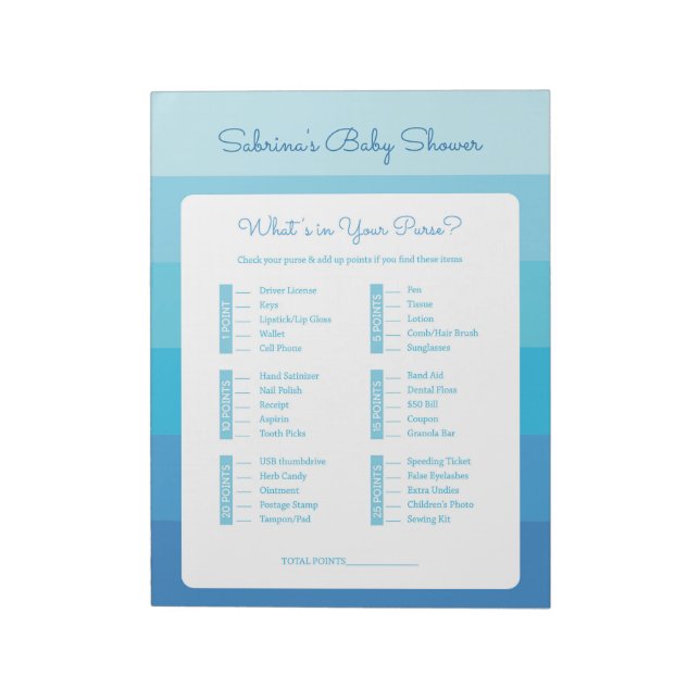 What's In Your Purse Blue Ombre Baby Shower Notepad (Rotated)