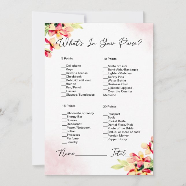What's In Your Purse Blush Floral Bridal Shower Invitation (Front)