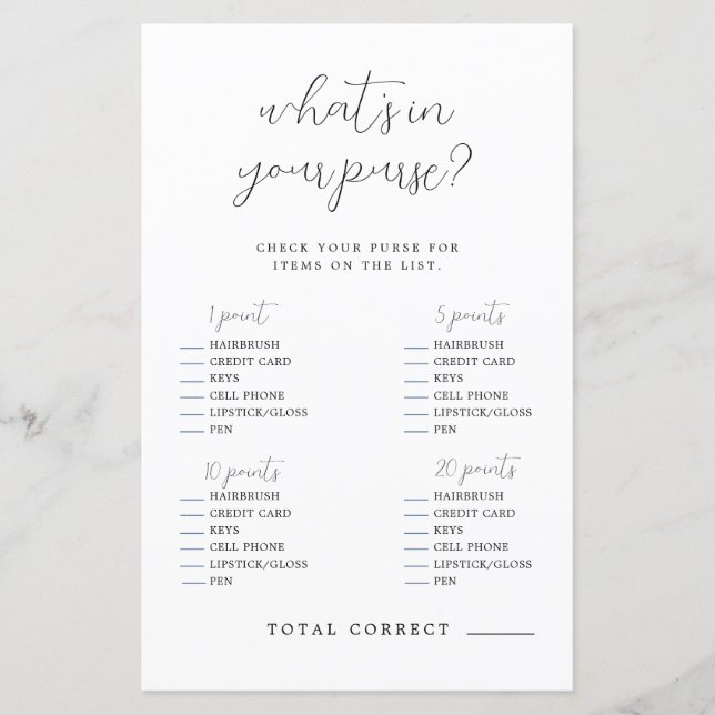 What's In Your Purse Bridal Shower Game (Front)