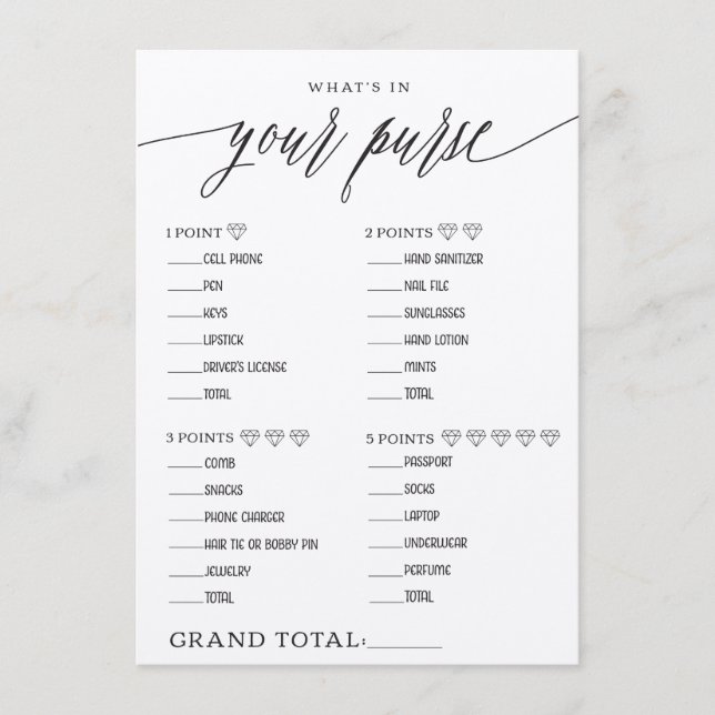 What's In Your Purse Bridal Shower Game Enclosure Card (Front)